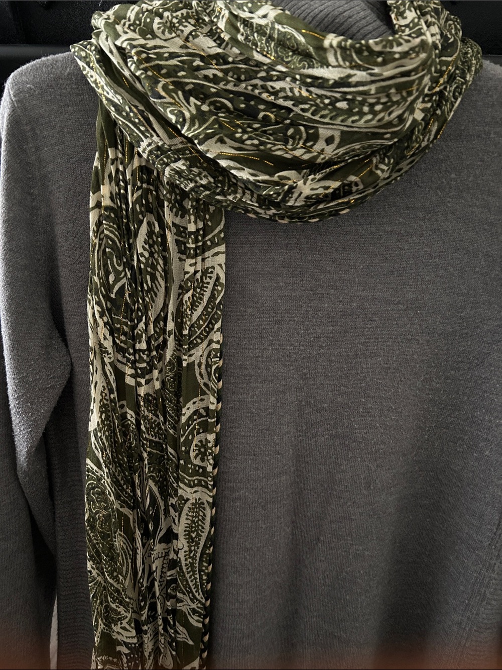 Source Unknown Olive Green & Cream Paisley Scarf